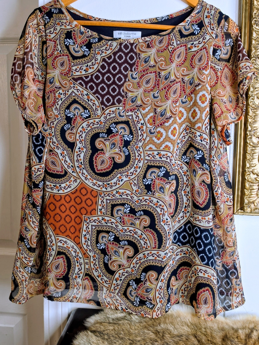 Liz Claiborne Orange Paisley Short-Sleeve Top